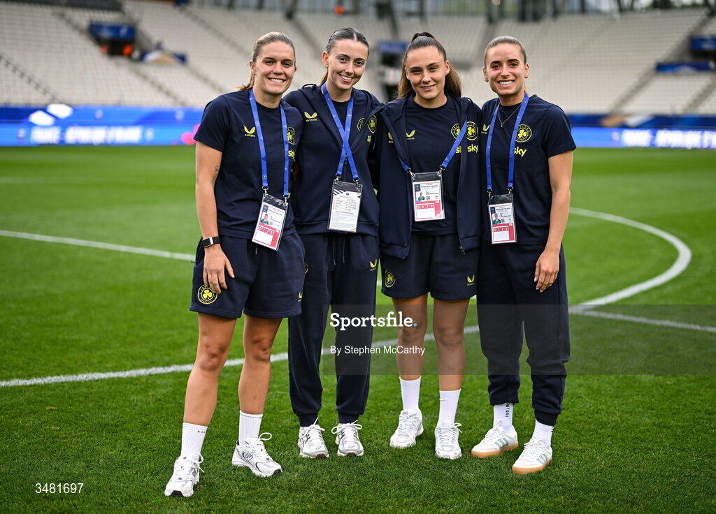 9 June 2026; Jamie Finn, Abbie Larkin, Jess Ziu and Chloe Mustaki of Republic of Ireland before the 2027 FIFA Women’s World Cup Qualifier match between France and Republic of Ireland at Stade des Alpes in Grenoble, France. Photo by Stephen McCarthy/Sportsfile