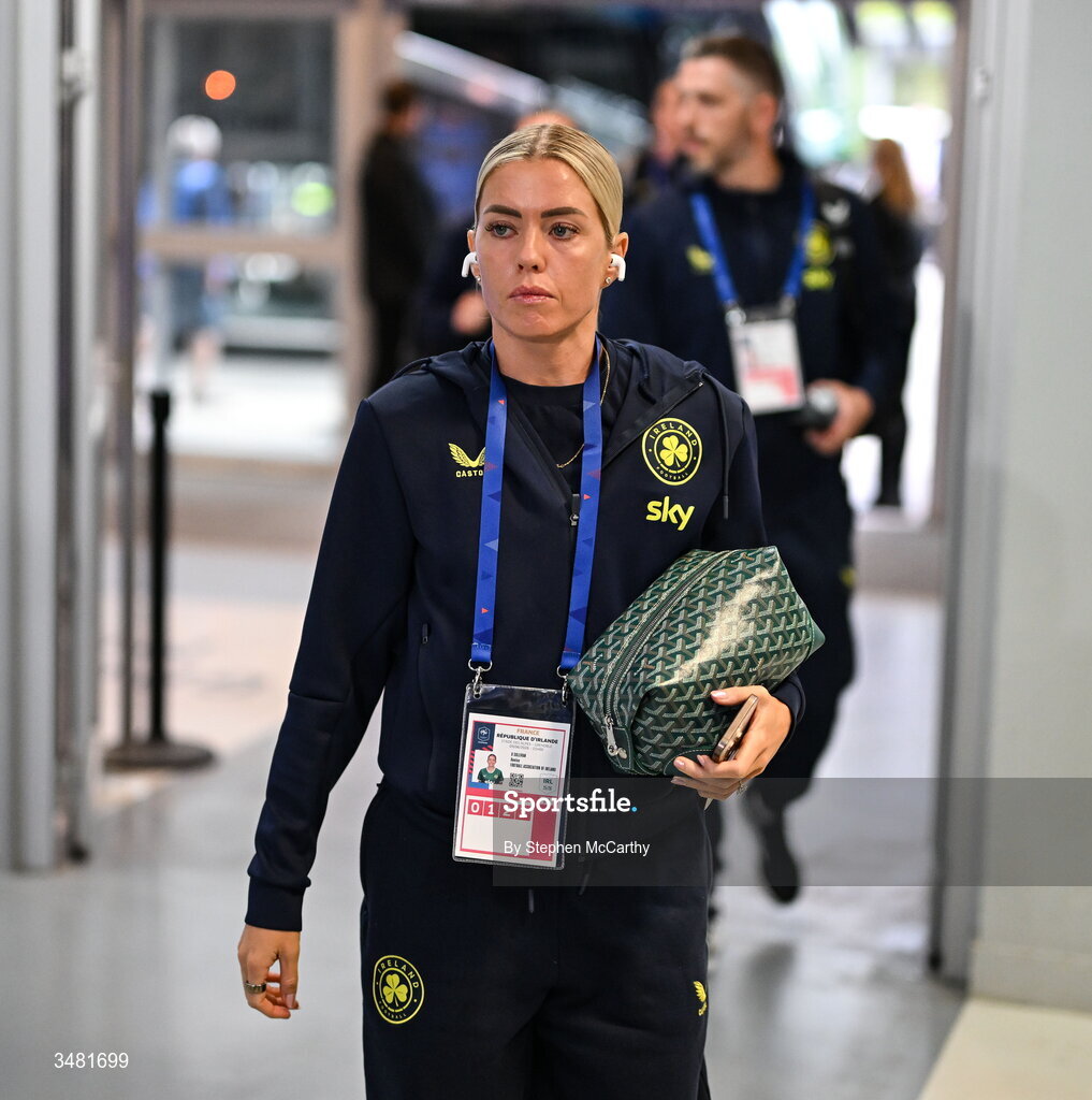 9 June 2026; Denise O’Sullivan of Republic of Ireland arrives before the 2027 FIFA Women’s World Cup Qualifier match between France and Republic of Ireland at Stade des Alpes in Grenoble, France. Photo by Stephen McCarthy/Sportsfile