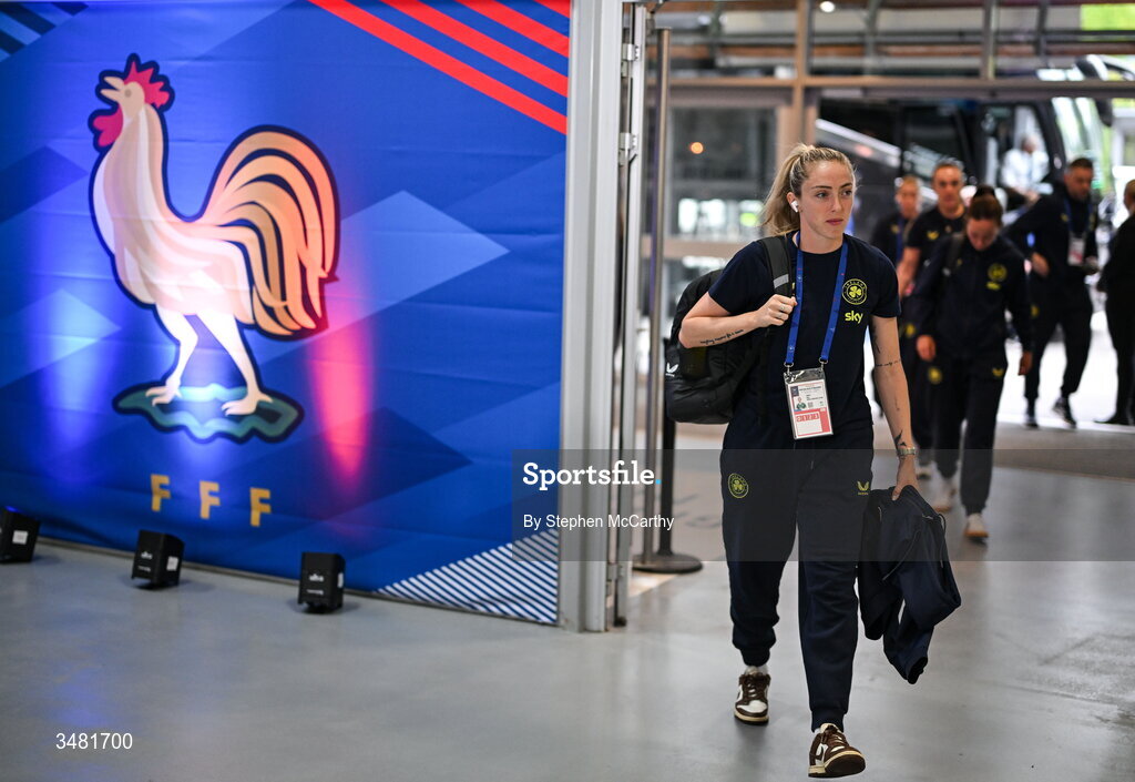 9 June 2026; Megan Connolly of Republic of Ireland arrives before the 2027 FIFA Women’s World Cup Qualifier match France and Republic of Ireland at Stade des Alpes in Grenoble, France. Photo by Stephen McCarthy/Sportsfile