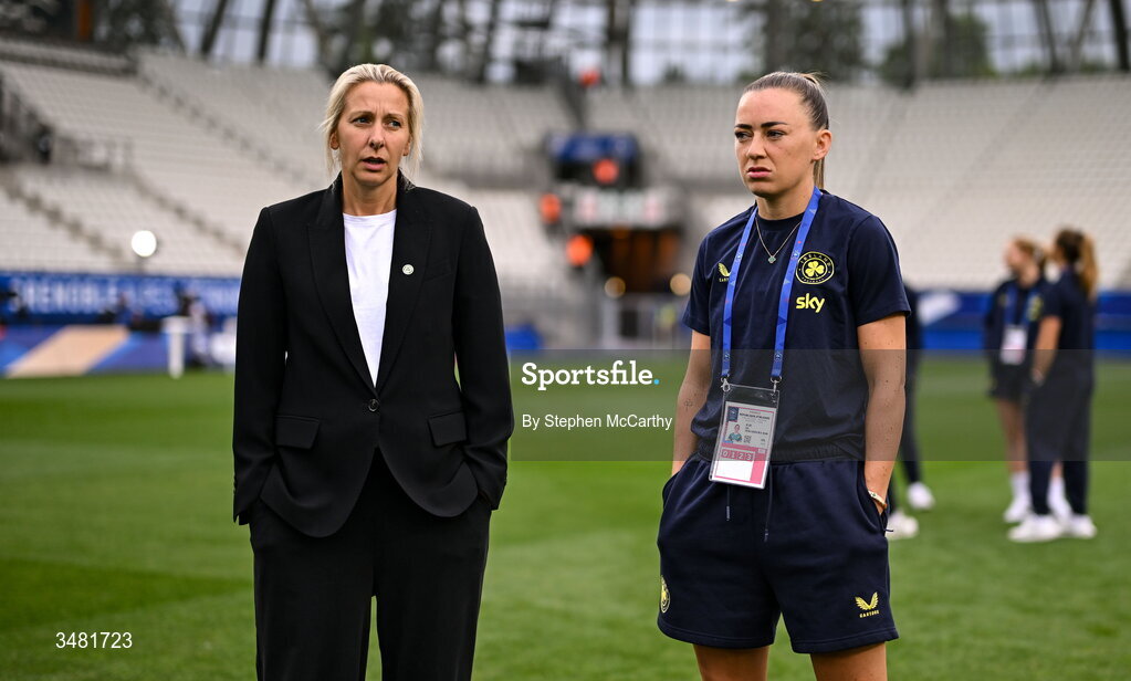 9 June 2026; Republic of Ireland head coach Carla Ward and Katie McCabe inspect the pitch before the 2027 FIFA Women’s World Cup Qualifier match between France and Republic of Ireland at Stade des Alpes in Grenoble, France. Photo by Stephen McCarthy/Sportsfile