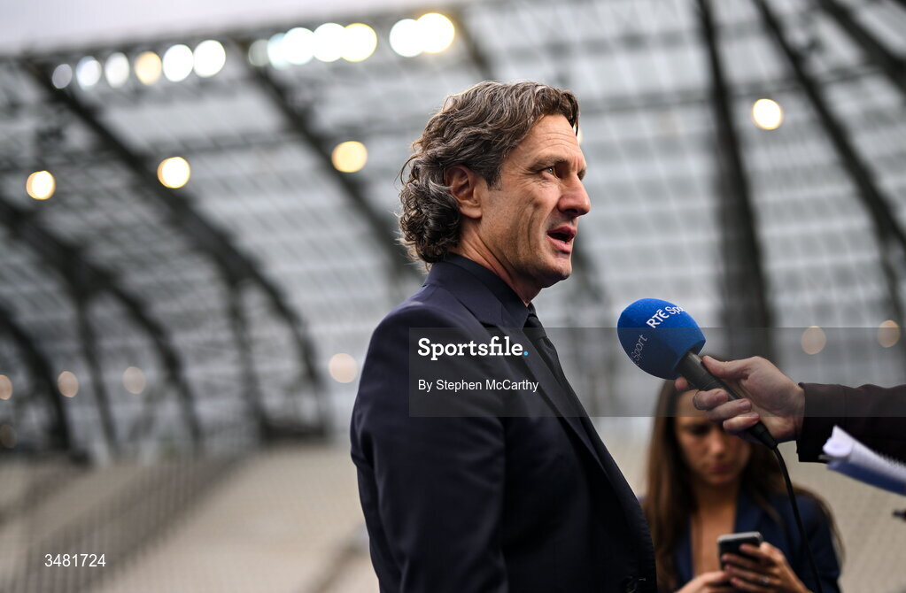 9 June 2026; France head coach Laurent Bonadei is interviewed before the 2027 FIFA Women’s World Cup Qualifier match between France and Republic of Ireland at Stade des Alpes in Grenoble, France. Photo by Stephen McCarthy/Sportsfile