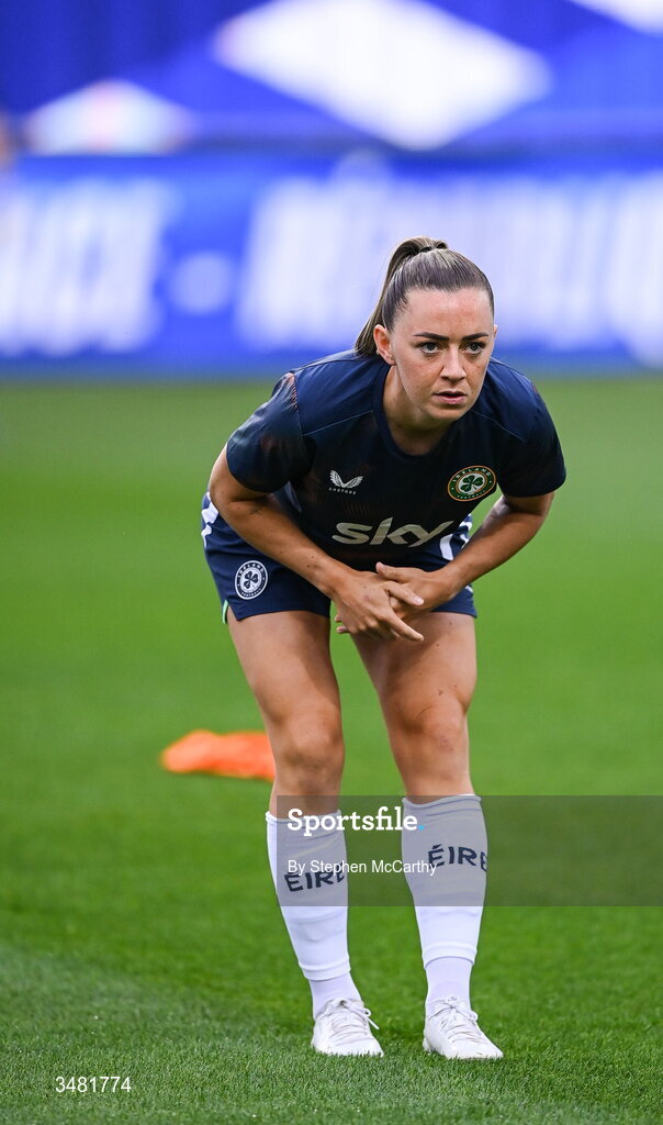 9 June 2026; Katie McCabe of Republic of Ireland warms up before the 2027 FIFA Women’s World Cup Qualifier match between France and Republic of Ireland at Stade des Alpes in Grenoble, France. Photo by Stephen McCarthy/Sportsfile