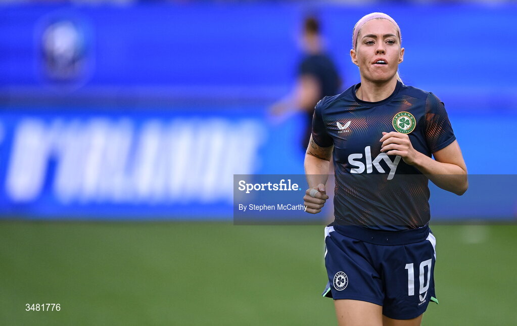 9 June 2026; Denise O'Sullivan of Republic of Ireland warms up before the 2027 FIFA Women’s World Cup Qualifier match between France and Republic of Ireland at Stade des Alpes in Grenoble, France. Photo by Stephen McCarthy/Sportsfile
