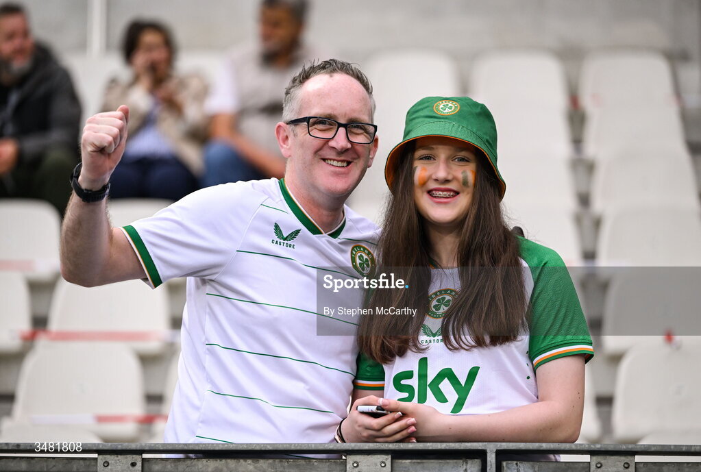 9 June 2026; Republic of Ireland supporters before the 2027 FIFA Women’s World Cup Qualifier match between France and Republic of Ireland at Stade des Alpes in Grenoble, France. Photo by Stephen McCarthy/Sportsfile