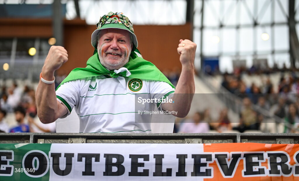 9 June 2026; Republic of Ireland supporter Aidan Mullen, from Swords, before the 2027 FIFA Women’s World Cup Qualifier match between France and Republic of Ireland at Stade des Alpes in Grenoble, France. Photo by Stephen McCarthy/Sportsfile