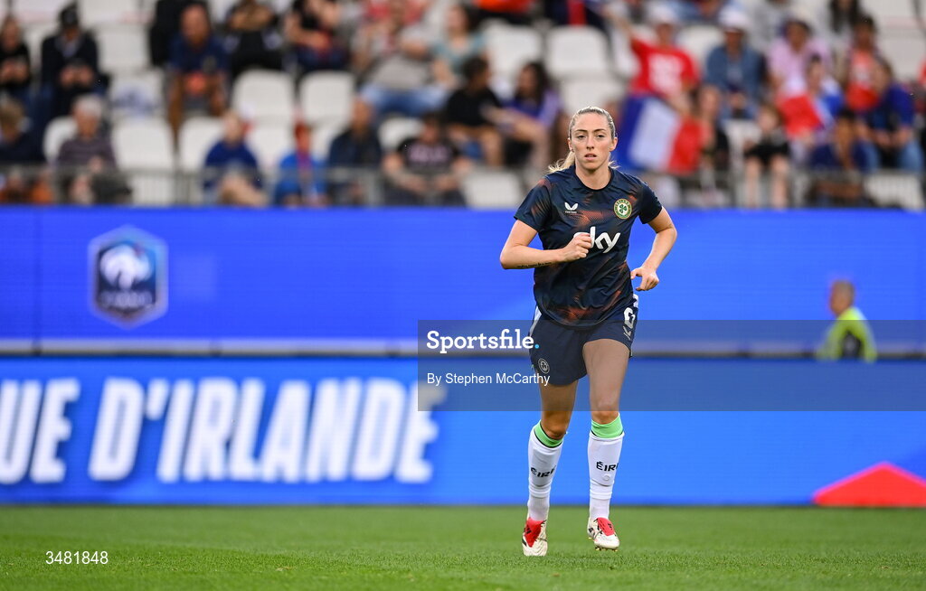 9 June 2026; Megan Connolly of Republic of Ireland warms up before the 2027 FIFA Women’s World Cup Qualifier match between France and Republic of Ireland at Stade des Alpes in Grenoble, France. Photo by Stephen McCarthy/Sportsfile