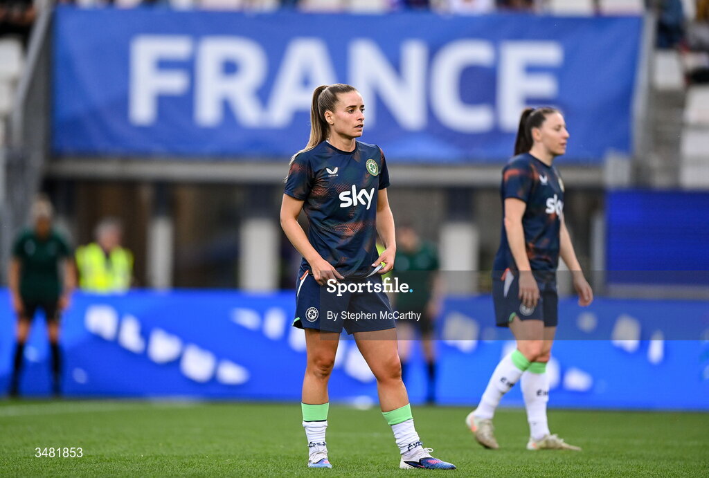 9 June 2026; Chloe Mustaki of Republic of Ireland warms up before the 2027 FIFA Women’s World Cup Qualifier match between France and Republic of Ireland at Stade des Alpes in Grenoble, France. Photo by Stephen McCarthy/Sportsfile