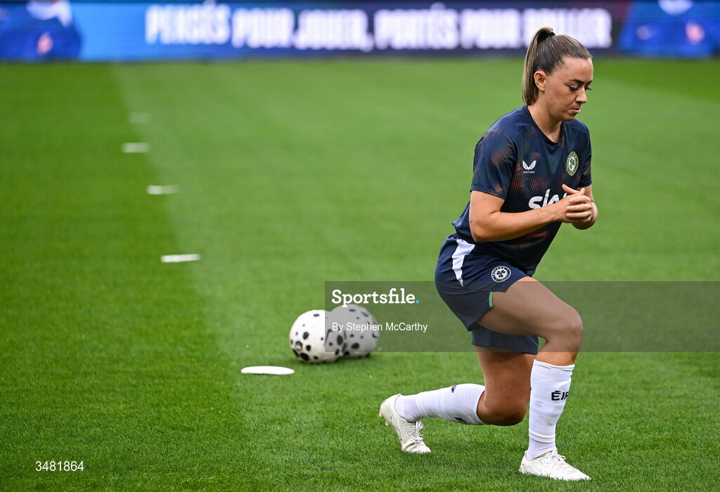 9 June 2026; Katie McCabe of Republic of Ireland warms up before the 2027 FIFA Women’s World Cup Qualifier match between France and Republic of Ireland at Stade des Alpes in Grenoble, France. Photo by Stephen McCarthy/Sportsfile