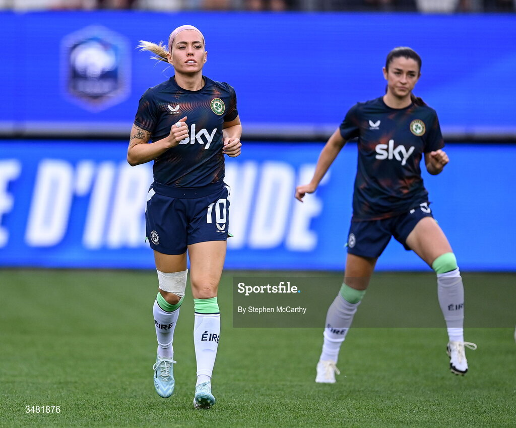 9 June 2026; Denise O'Sullivan of Republic of Ireland warms up before the 2027 FIFA Women’s World Cup Qualifier match between France and Republic of Ireland at Stade des Alpes in Grenoble, France. Photo by Stephen McCarthy/Sportsfile