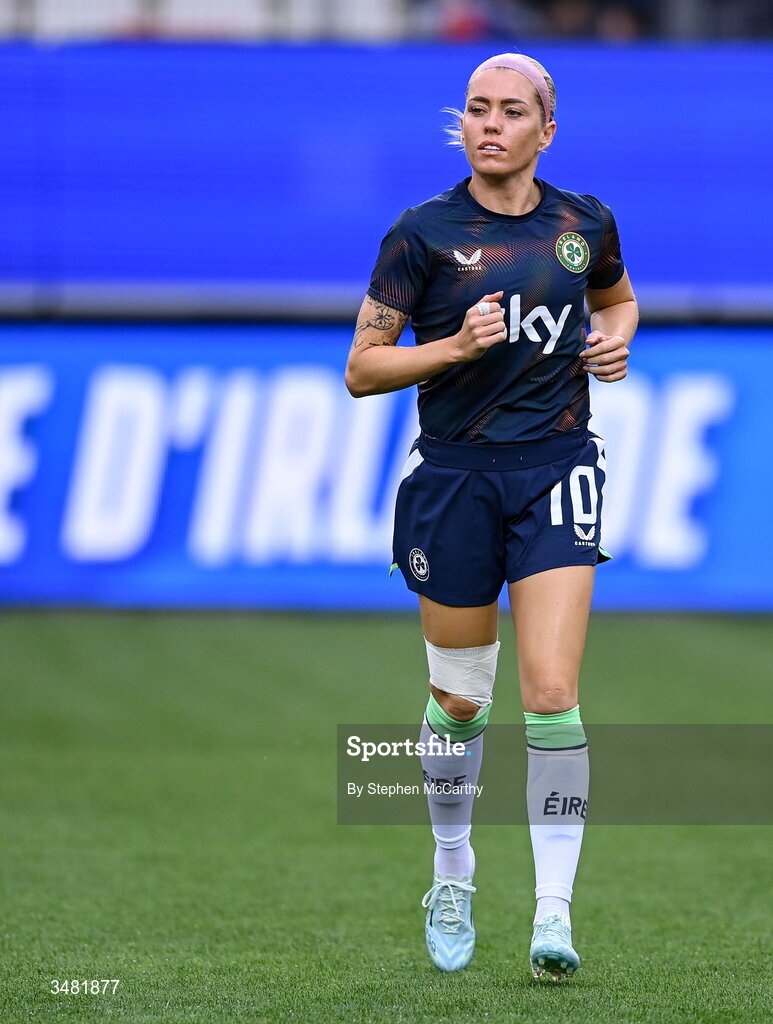 9 June 2026; Denise O'Sullivan of Republic of Ireland warms up before the 2027 FIFA Women’s World Cup Qualifier match between France and Republic of Ireland at Stade des Alpes in Grenoble, France. Photo by Stephen McCarthy/Sportsfile