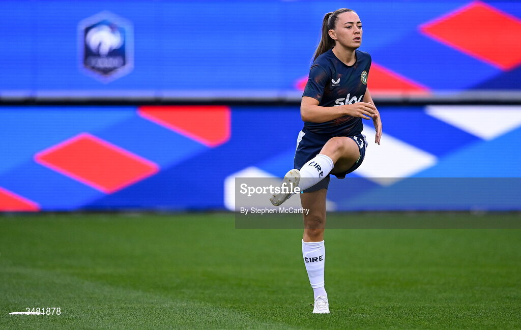 9 June 2026; Katie McCabe of Republic of Ireland warms up before the 2027 FIFA Women’s World Cup Qualifier match between France and Republic of Ireland at Stade des Alpes in Grenoble, France. Photo by Stephen McCarthy/Sportsfile