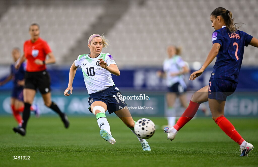 9 June 2026; Maelle Lakrar of France in action against Denise O'Sullivan of Republic of Ireland during the 2027 FIFA Women’s World Cup Qualifier match between France and Republic of Ireland at Stade des Alpes in Grenoble, France. Photo by Stephen McCarthy/Sportsfile