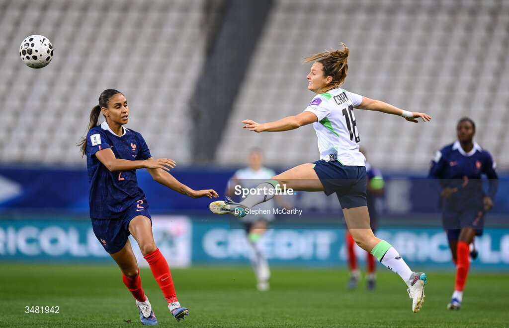 9 June 2026; Kyra Carusa of Republic of Ireland in action against Maelle Lakrar of France during the 2027 FIFA Women’s World Cup Qualifier match between France and Republic of Ireland at Stade des Alpes in Grenoble, France. Photo by Stephen McCarthy/Sportsfile