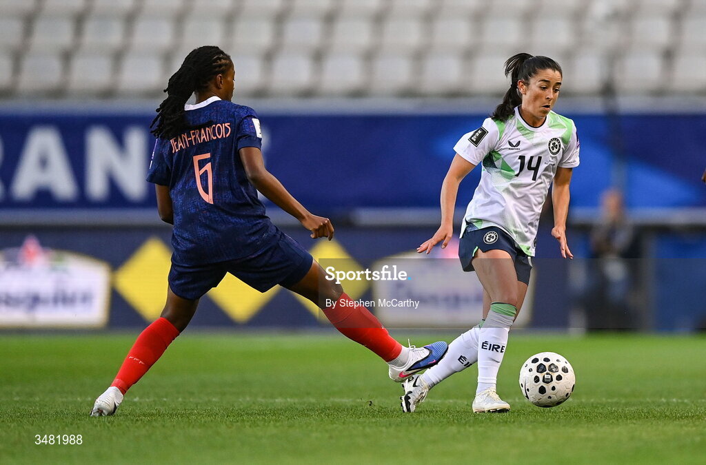 9 June 2026; Marissa Sheva of Republic of Ireland in action against Oriane Jean-Francois of France during the 2027 FIFA Women’s World Cup Qualifier match between France and Republic of Ireland at Stade des Alpes in Grenoble, France. Photo by Stephen McCarthy/Sportsfile