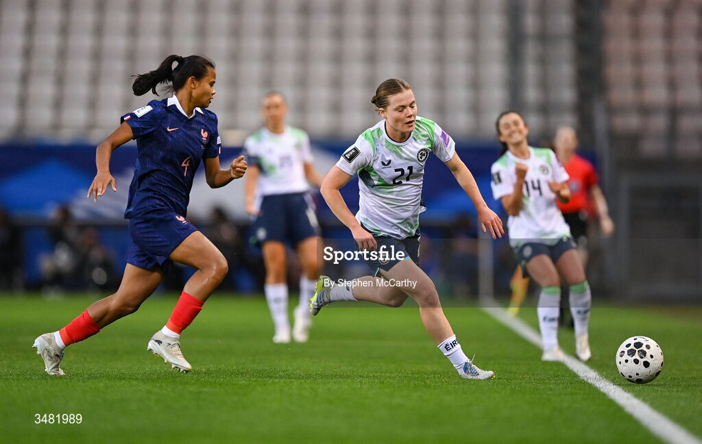 9 June 2026; Emily Murphy of Republic of Ireland in action against Alice Sombath of France during the 2027 FIFA Women’s World Cup Qualifier match between France and Republic of Ireland at Stade des Alpes in Grenoble, France. Photo by Stephen McCarthy/Sportsfile