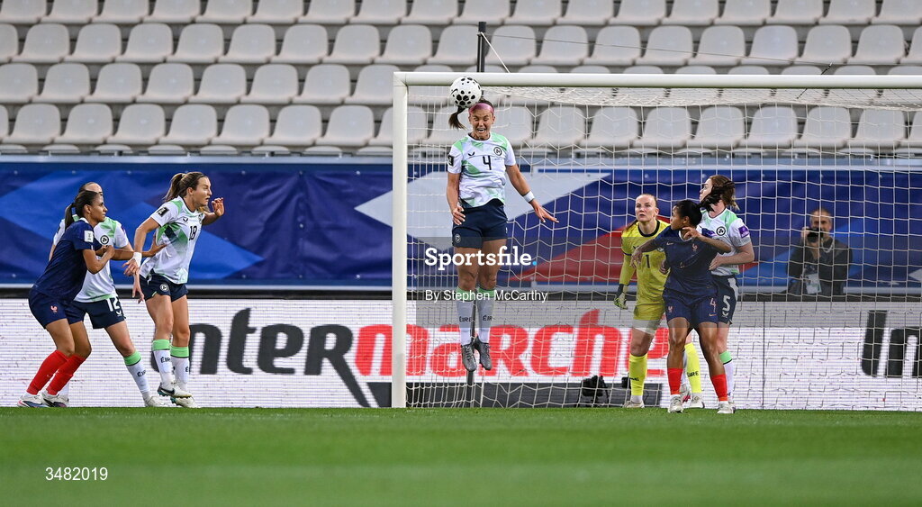 9 June 2026; Caitlin Hayes of Republic of Ireland heads the ball clear during the 2027 FIFA Women’s World Cup Qualifier match between France and Republic of Ireland at Stade des Alpes in Grenoble, France. Photo by Stephen McCarthy/Sportsfile