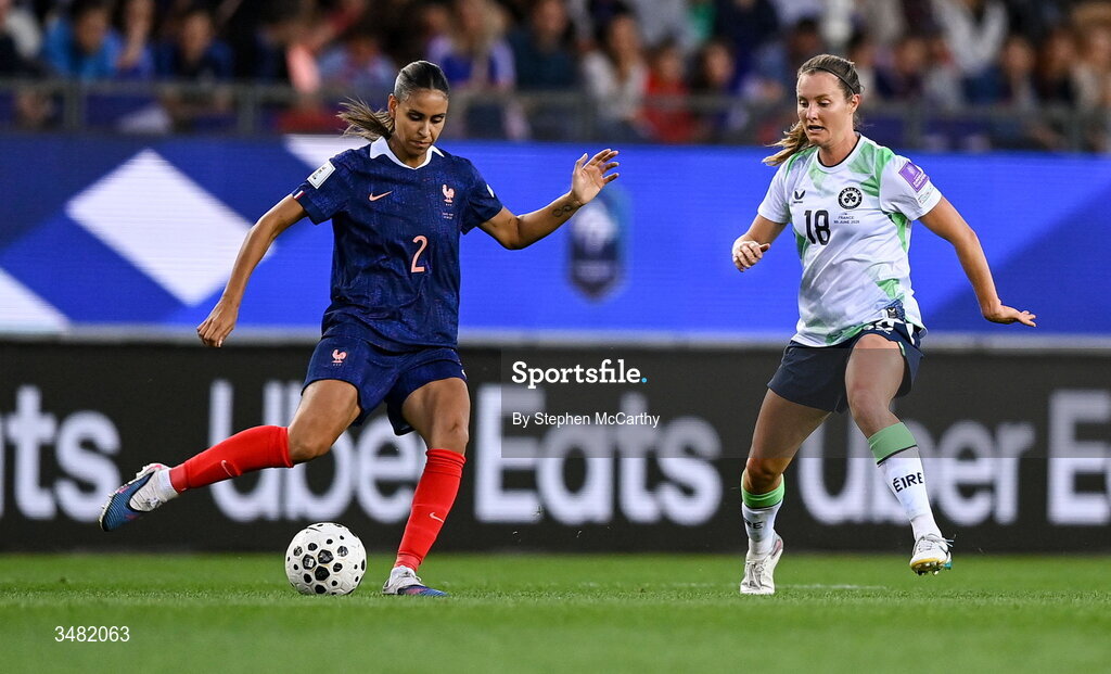 9 June 2026; Maelle Lakrar of France in action against Kyra Carusa of Republic of Ireland during the 2027 FIFA Women’s World Cup Qualifier match between France and Republic of Ireland at Stade des Alpes in Grenoble, France. Photo by Stephen McCarthy/Sportsfile