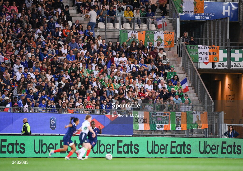 9 June 2026; Republic of Ireland supporters during the 2027 FIFA Women’s World Cup Qualifier match between France and Republic of Ireland at Stade des Alpes in Grenoble, France. Photo by Stephen McCarthy/Sportsfile