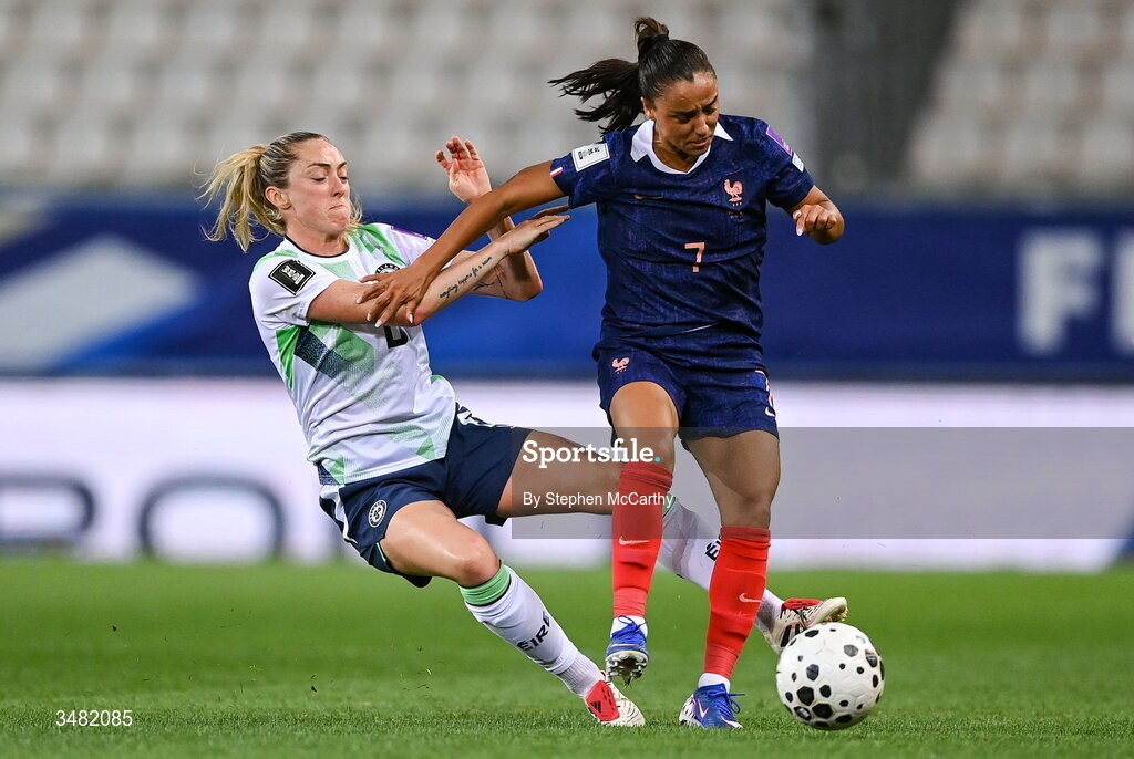 9 June 2026; Megan Connolly of Republic of Ireland in action against Sakina Karchaoui of France during the 2027 FIFA Women’s World Cup Qualifier match between France and Republic of Ireland at Stade des Alpes in Grenoble, France. Photo by Stephen McCarthy/Sportsfile