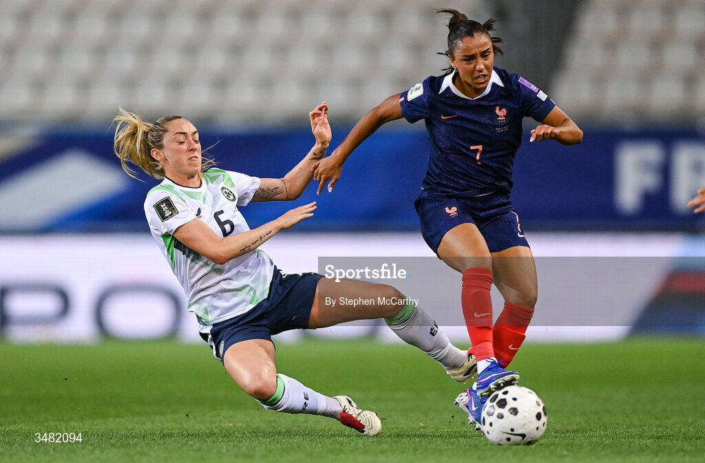 9 June 2026; Megan Connolly of Republic of Ireland in action against Sakina Karchaoui of France during the 2027 FIFA Women’s World Cup Qualifier match between France and Republic of Ireland at Stade des Alpes in Grenoble, France. Photo by Stephen McCarthy/Sportsfile