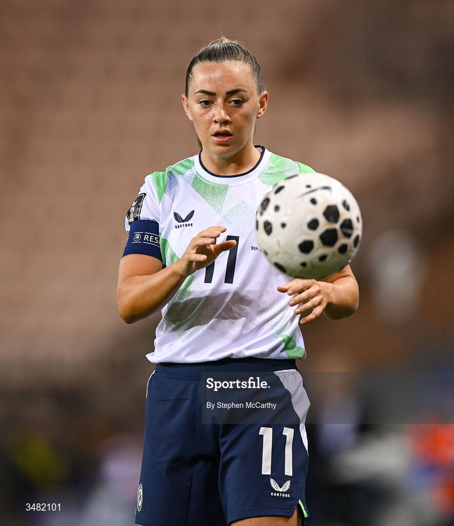 9 June 2026; Katie McCabe of Republic of Ireland during the 2027 FIFA Women’s World Cup Qualifier match between France and Republic of Ireland at Stade des Alpes in Grenoble, France. Photo by Stephen McCarthy/Sportsfile