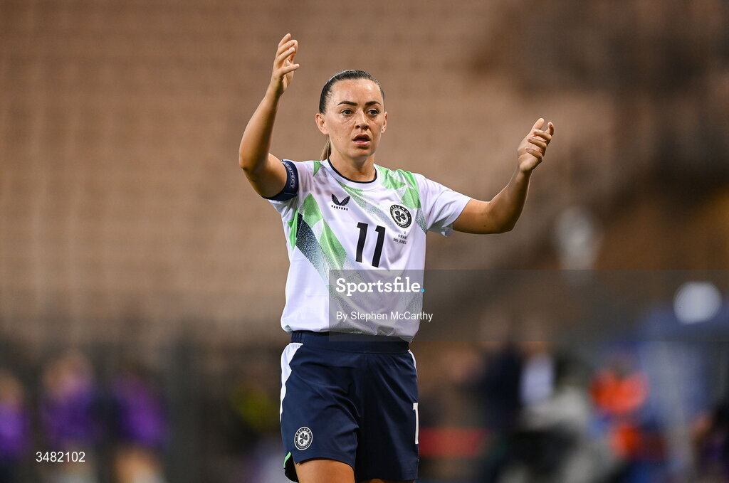 9 June 2026; Katie McCabe of Republic of Ireland reacts during the 2027 FIFA Women’s World Cup Qualifier match between France and Republic of Ireland at Stade des Alpes in Grenoble, France. Photo by Stephen McCarthy/Sportsfile