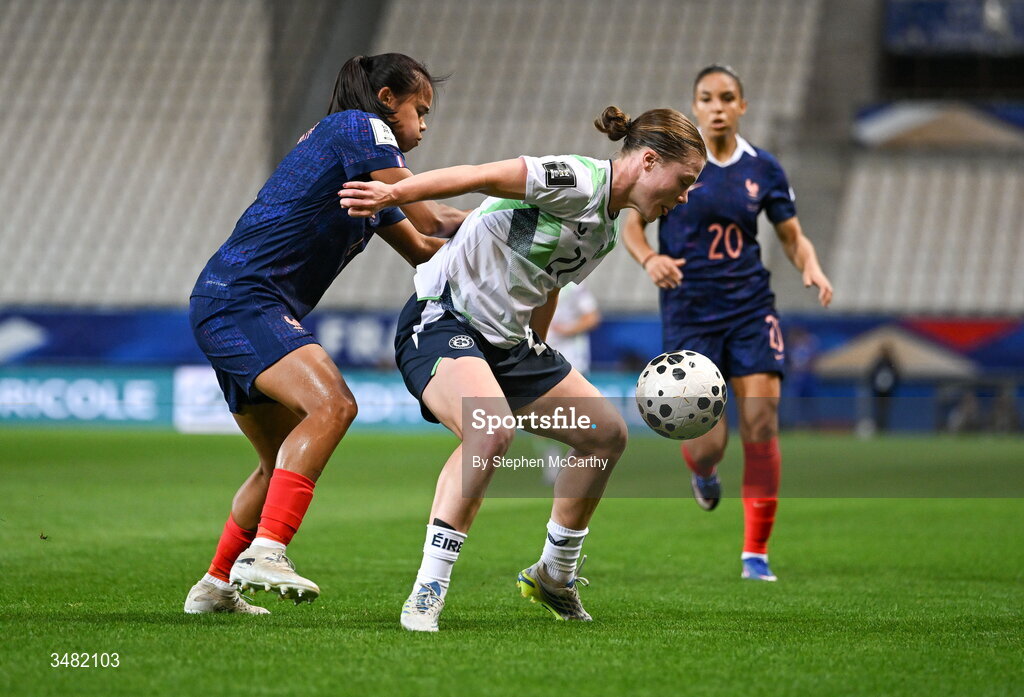 9 June 2026; Emily Murphy of Republic of Ireland in action against Alice Sombath of France during the 2027 FIFA Women’s World Cup Qualifier match between France and Republic of Ireland at Stade des Alpes in Grenoble, France. Photo by Stephen McCarthy/Sportsfile