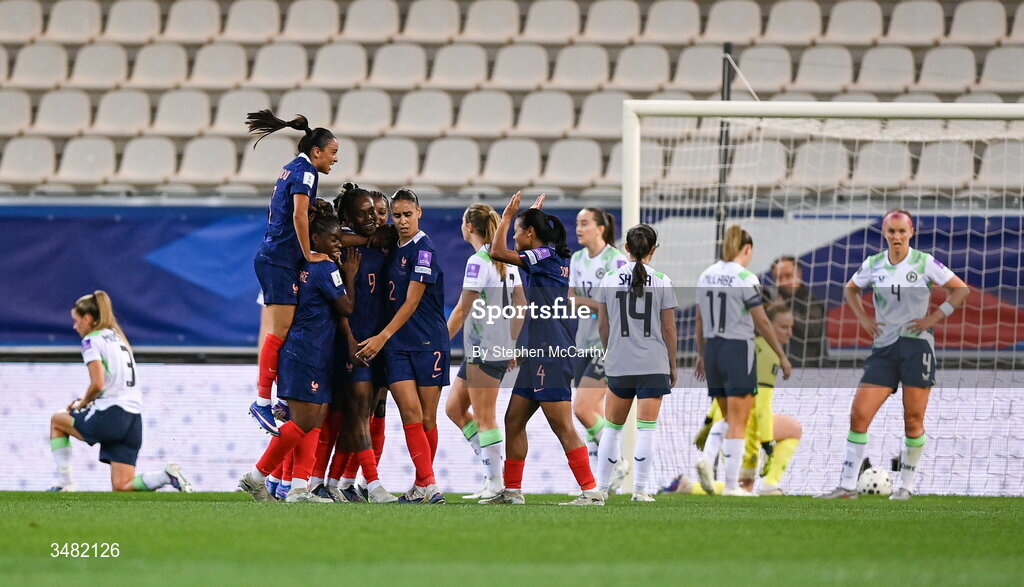 9 June 2026; Melvine Malard of France celebrates with teammates after scoring her side's first goal during the 2027 FIFA Women’s World Cup Qualifier match between France and Republic of Ireland at Stade des Alpes in Grenoble, France. Photo by Stephen McCarthy/Sportsfile