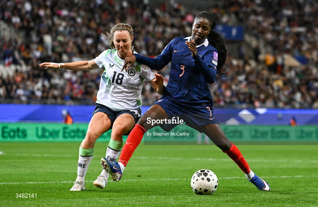 9 June 2026; Thiniba Samoura of France in action against Kyra Carusa of Republic of Ireland during the 2027 FIFA Women’s World Cup Qualifier match between France and Republic of Ireland at Stade des Alpes in Grenoble, France. Photo by Stephen McCarthy/Sportsfile