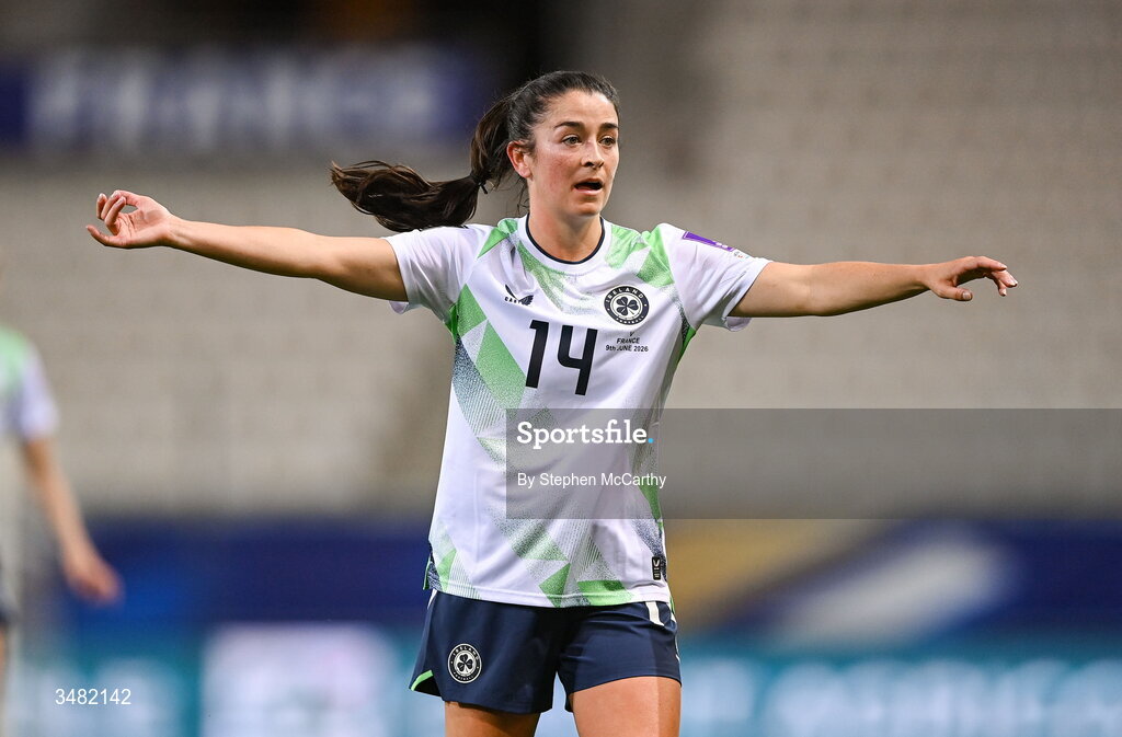 9 June 2026; Marissa Sheva of Republic of Ireland reacts during the 2027 FIFA Women’s World Cup Qualifier match between France and Republic of Ireland at Stade des Alpes in Grenoble, France. Photo by Stephen McCarthy/Sportsfile