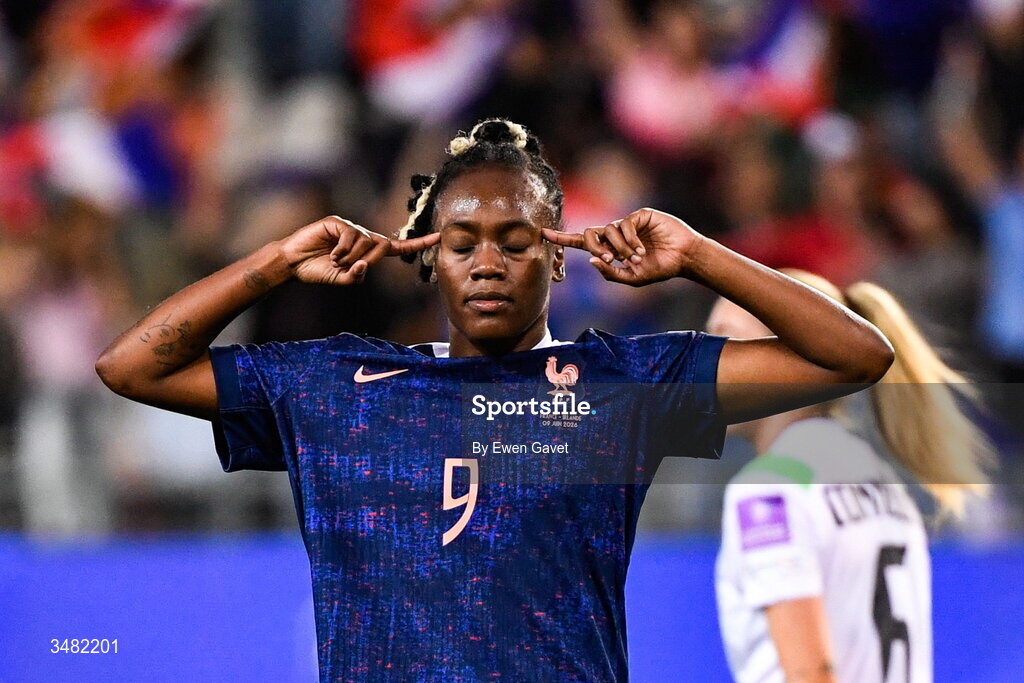 9 June 2026; Melvine Malard of France celebrates after scoring her side's first goal during the 2027 FIFA Women’s World Cup Qualifier match between France and Republic of Ireland at Stade des Alpes in Grenoble, France. Photo by Ewen Gavet/Sportsfile