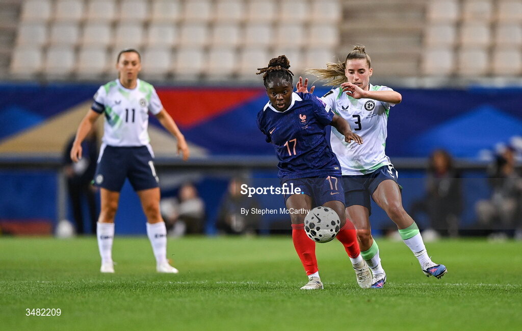 9 June 2026; Sandy Baltimore of France in action against Chloe Mustaki of Republic of Ireland during the 2027 FIFA Women’s World Cup Qualifier match between France and Republic of Ireland at Stade des Alpes in Grenoble, France. Photo by Stephen McCarthy/Sportsfile