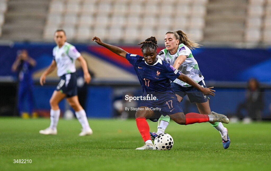 9 June 2026; Sandy Baltimore of France in action against Chloe Mustaki of Republic of Ireland during the 2027 FIFA Women’s World Cup Qualifier match between France and Republic of Ireland at Stade des Alpes in Grenoble, France. Photo by Stephen McCarthy/Sportsfile