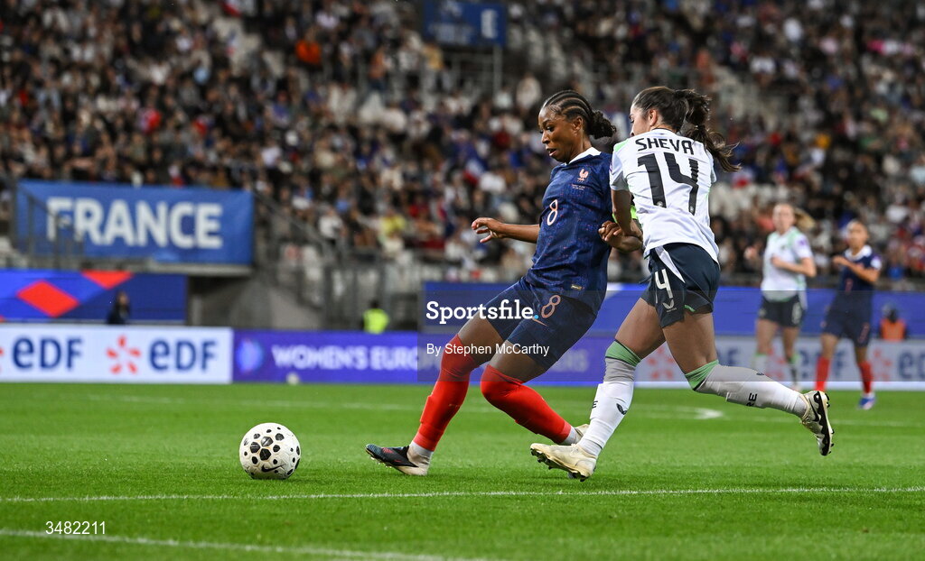 9 June 2026; Grace Geyoro of France in action against Marissa Sheva of Republic of Ireland during the 2027 FIFA Women’s World Cup Qualifier match between France and Republic of Ireland at Stade des Alpes in Grenoble, France. Photo by Stephen McCarthy/Sportsfile