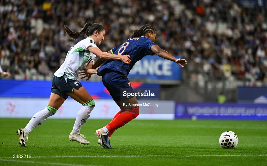 9 June 2026; Grace Geyoro of France in action against Marissa Sheva of Republic of Ireland during the 2027 FIFA Women’s World Cup Qualifier match between France and Republic of Ireland at Stade des Alpes in Grenoble, France. Photo by Stephen McCarthy/Sportsfile