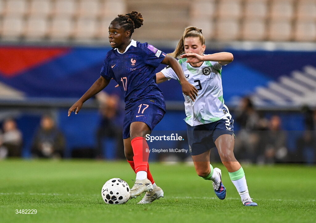 9 June 2026; Sandy Baltimore of France in action against Chloe Mustaki of Republic of Ireland during the 2027 FIFA Women’s World Cup Qualifier match between France and Republic of Ireland at Stade des Alpes in Grenoble, France. Photo by Stephen McCarthy/Sportsfile