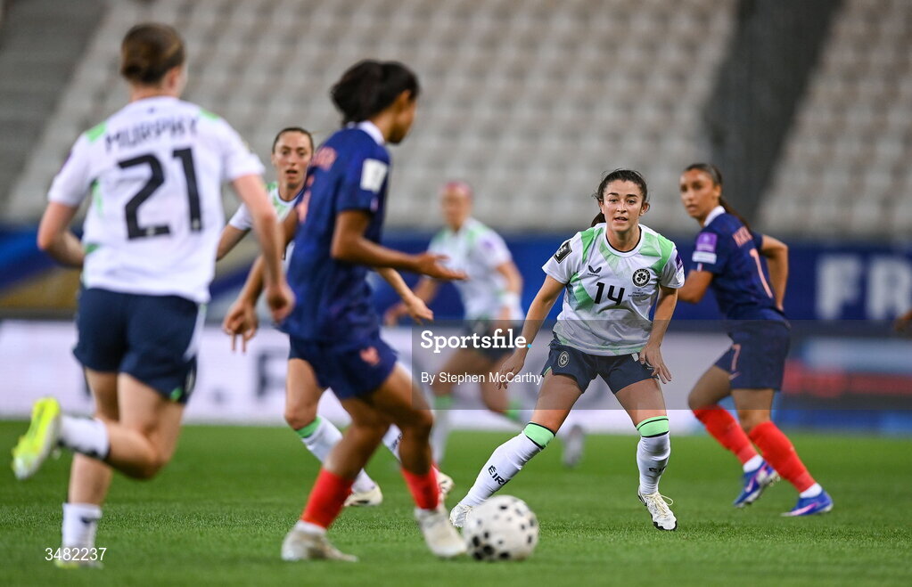 9 June 2026; Marissa Sheva of Republic of Ireland during the 2027 FIFA Women’s World Cup Qualifier match between France and Republic of Ireland at Stade des Alpes in Grenoble, France. Photo by Stephen McCarthy/Sportsfile