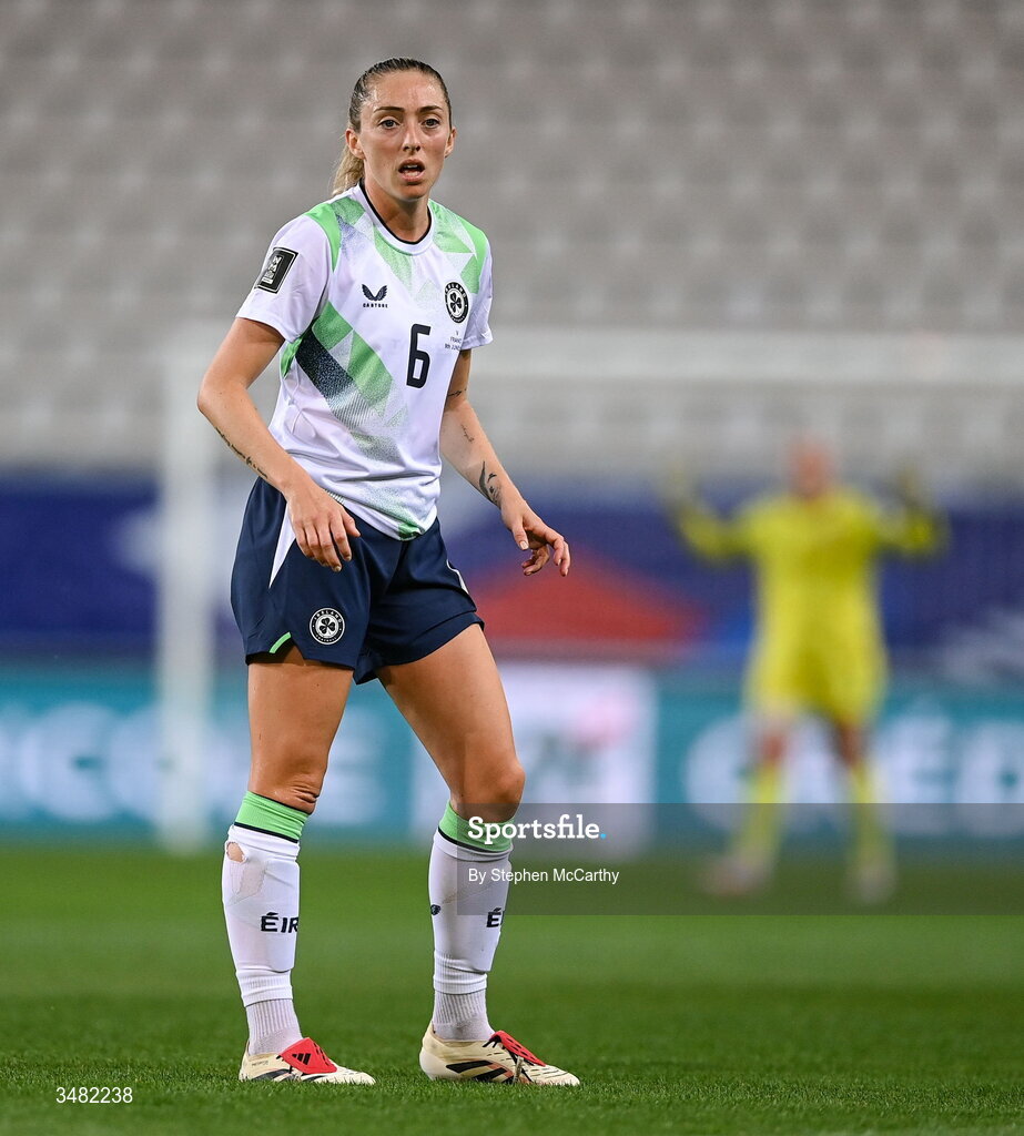 9 June 2026; Megan Connolly of Republic of Ireland during the 2027 FIFA Women’s World Cup Qualifier match between France and Republic of Ireland at Stade des Alpes in Grenoble, France. Photo by Stephen McCarthy/Sportsfile