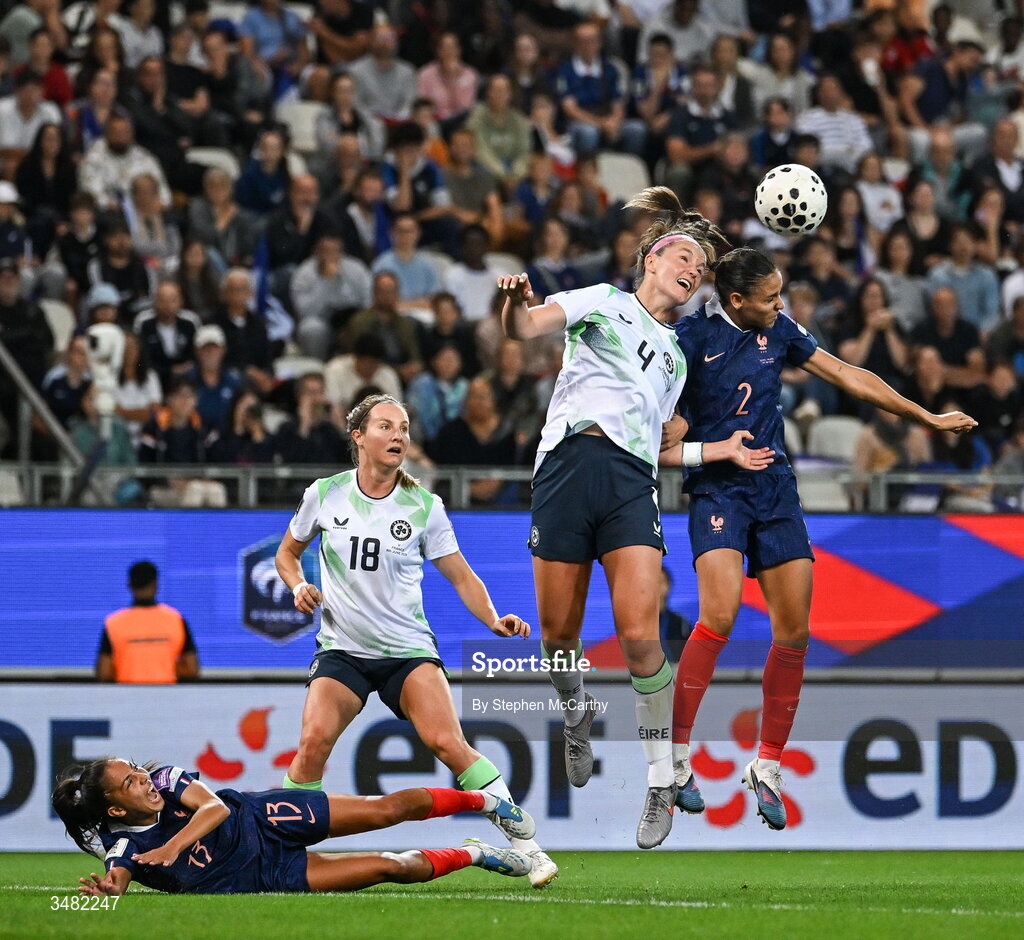 9 June 2026; Caitlin Hayes of Republic of Ireland in action against Maelle Lakrar of France during the 2027 FIFA Women’s World Cup Qualifier match between France and Republic of Ireland at Stade des Alpes in Grenoble, France. Photo by Stephen McCarthy/Sportsfile