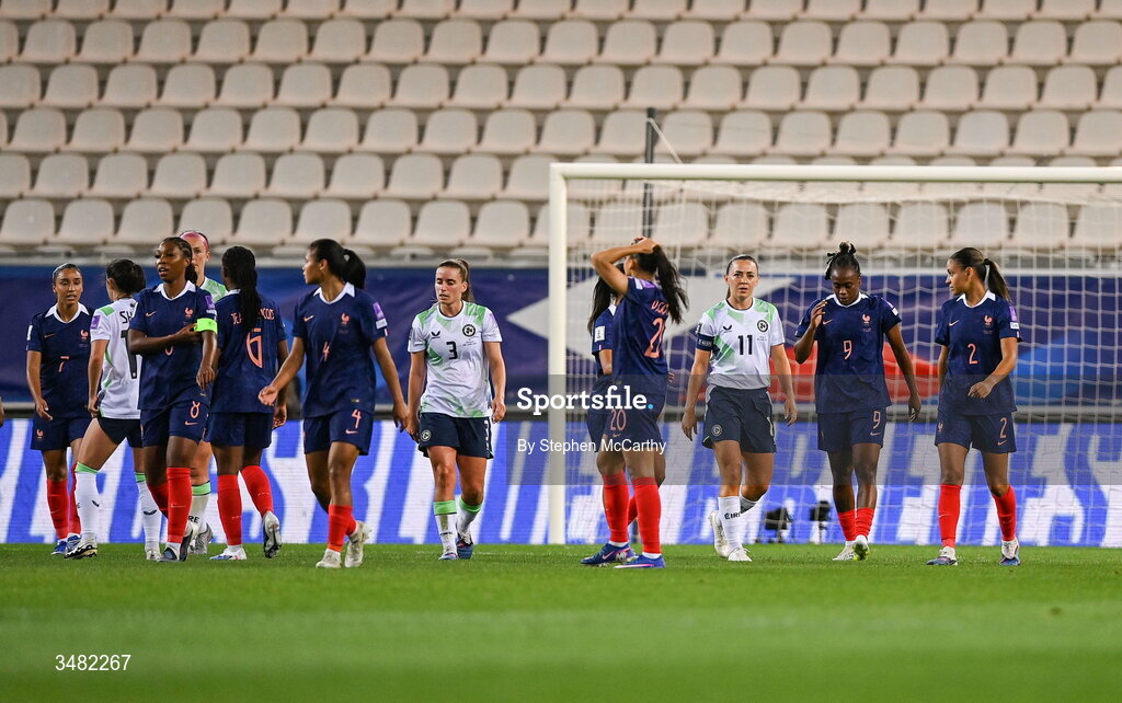 9 June 2026; Chloe Mustaki and Katie McCabe of Republic of Ireland react after Melvine Malard of France scores her side's first goal during the 2027 FIFA Women’s World Cup Qualifier match between France and Republic of Ireland at Stade des Alpes in Grenoble, France. Photo by Stephen McCarthy/Sportsfile