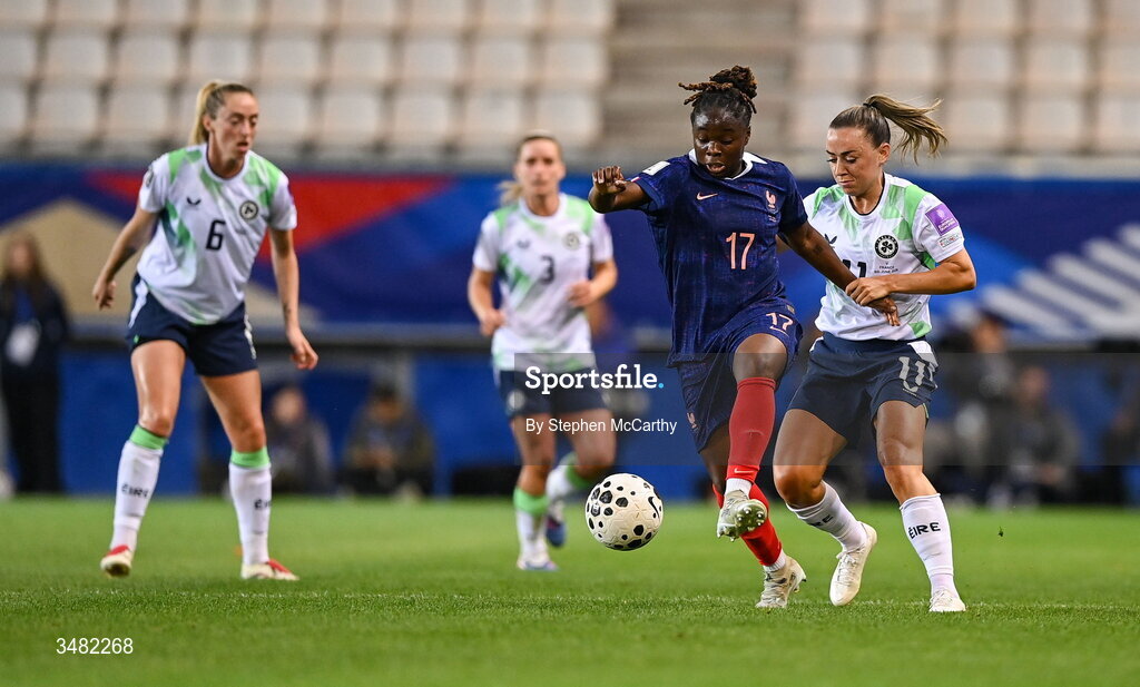 9 June 2026; Sandy Baltimore of France in action against Katie McCabe of Republic of Ireland during the 2027 FIFA Women’s World Cup Qualifier match between France and Republic of Ireland at Stade des Alpes in Grenoble, France. Photo by Stephen McCarthy/Sportsfile