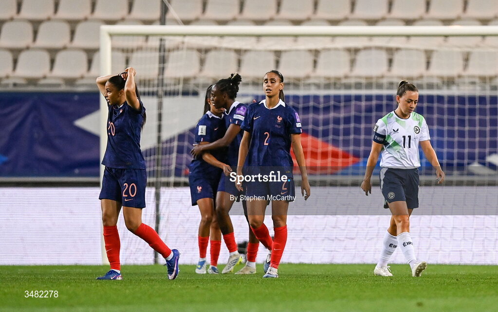 9 June 2026; Katie McCabe of Republic of Ireland reacts after Melvine Malard of France scores her side's first goal during the 2027 FIFA Women’s World Cup Qualifier match between France and Republic of Ireland at Stade des Alpes in Grenoble, France. Photo by Stephen McCarthy/Sportsfile