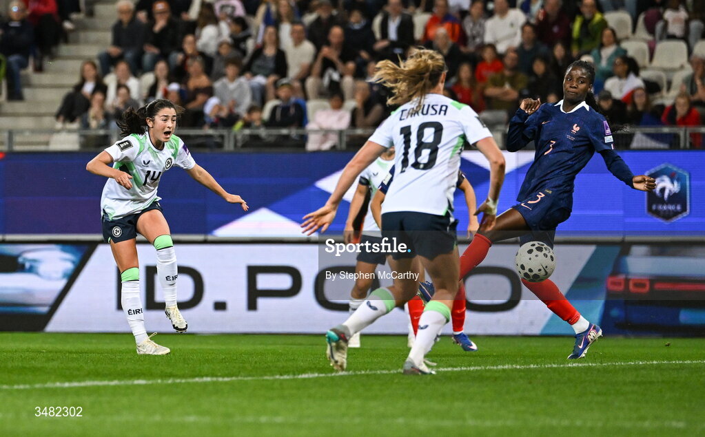 9 June 2026; Marissa Sheva of Republic of Ireland has a shot on goal during the 2027 FIFA Women’s World Cup Qualifier match between France and Republic of Ireland at Stade des Alpes in Grenoble, France. Photo by Stephen McCarthy/Sportsfile