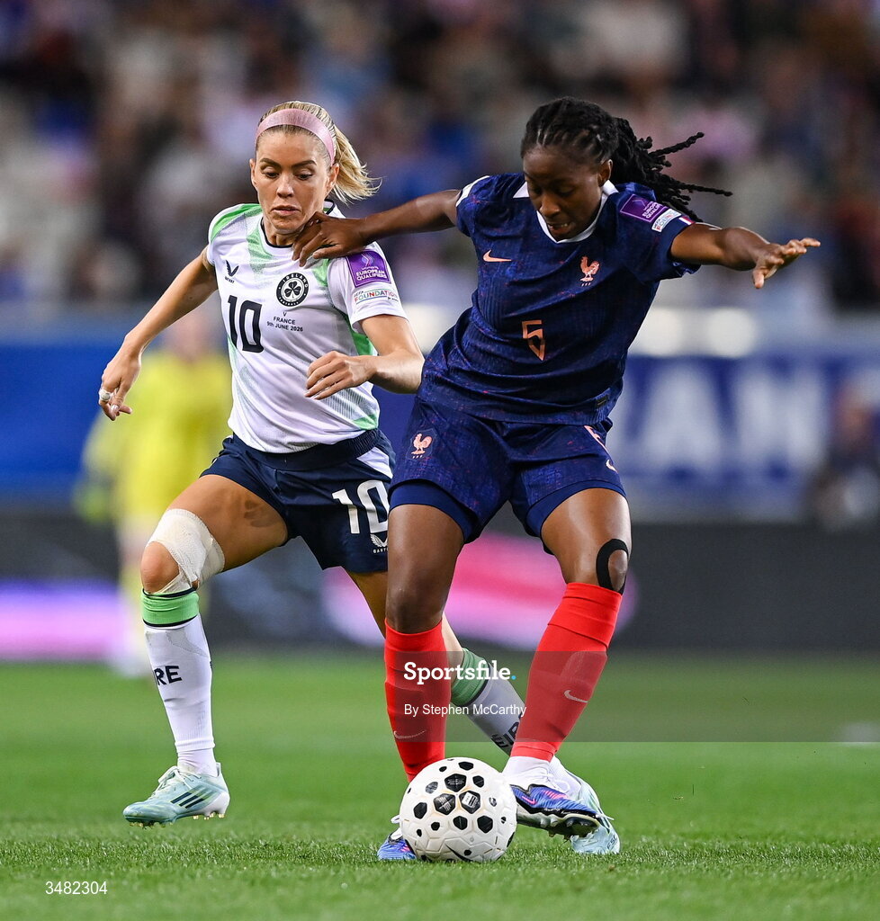 9 June 2026; Oriane Jean-Francois of France in action against Denise O’Sullivan of Republic of Ireland during the 2027 FIFA Women’s World Cup Qualifier match between France and Republic of Ireland at Stade des Alpes in Grenoble, France. Photo by Stephen McCarthy/Sportsfile