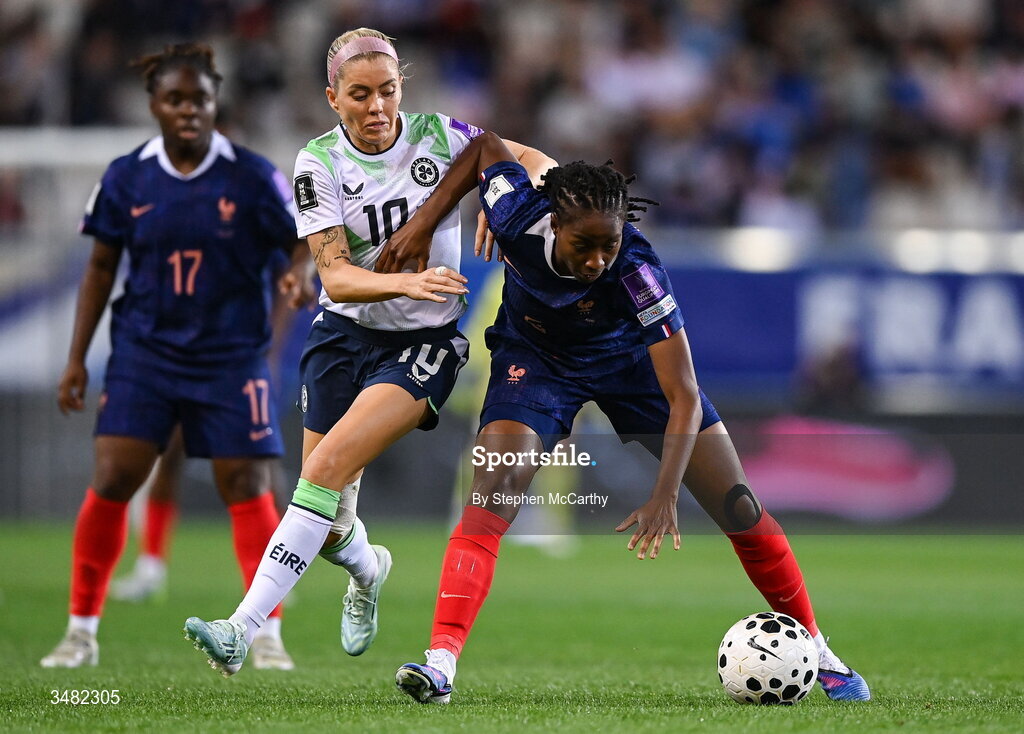9 June 2026; Oriane Jean-Francois of France in action against Denise O’Sullivan of Republic of Ireland during the 2027 FIFA Women’s World Cup Qualifier match between France and Republic of Ireland at Stade des Alpes in Grenoble, France. Photo by Stephen McCarthy/Sportsfile