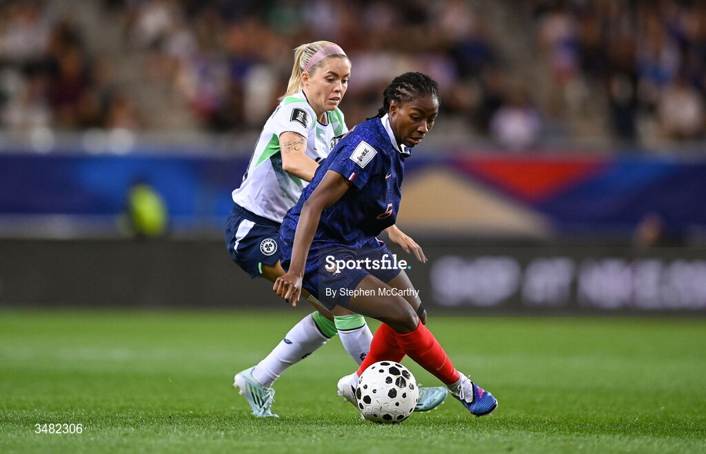 9 June 2026; Oriane Jean-Francois of France in action against Denise O’Sullivan of Republic of Ireland during the 2027 FIFA Women’s World Cup Qualifier match between France and Republic of Ireland at Stade des Alpes in Grenoble, France. Photo by Stephen McCarthy/Sportsfile