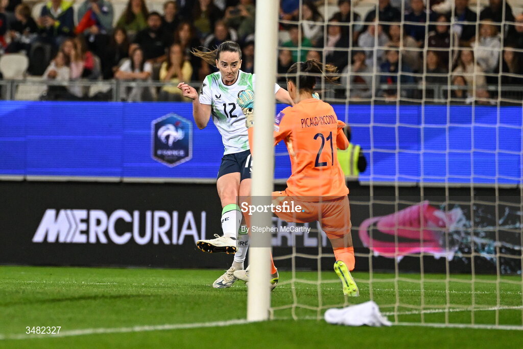 9 June 2026; Anna Patten of Republic of Ireland has a shot on goal saved by France goalkeeper Constance Picaud during the 2027 FIFA Women’s World Cup Qualifier match between France and Republic of Ireland at Stade des Alpes in Grenoble, France. Photo by Stephen McCarthy/Sportsfile