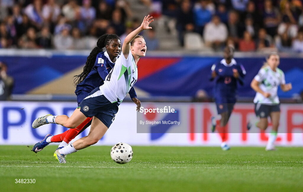 9 June 2026; Emily Murphy of Republic of Ireland is tackled by Thiniba Samoura of France resulting in a second yellow card, followed by a red card, during the 2027 FIFA Women’s World Cup Qualifier match between France and Republic of Ireland at Stade des Alpes in Grenoble, France. Photo by Stephen McCarthy/Sportsfile
