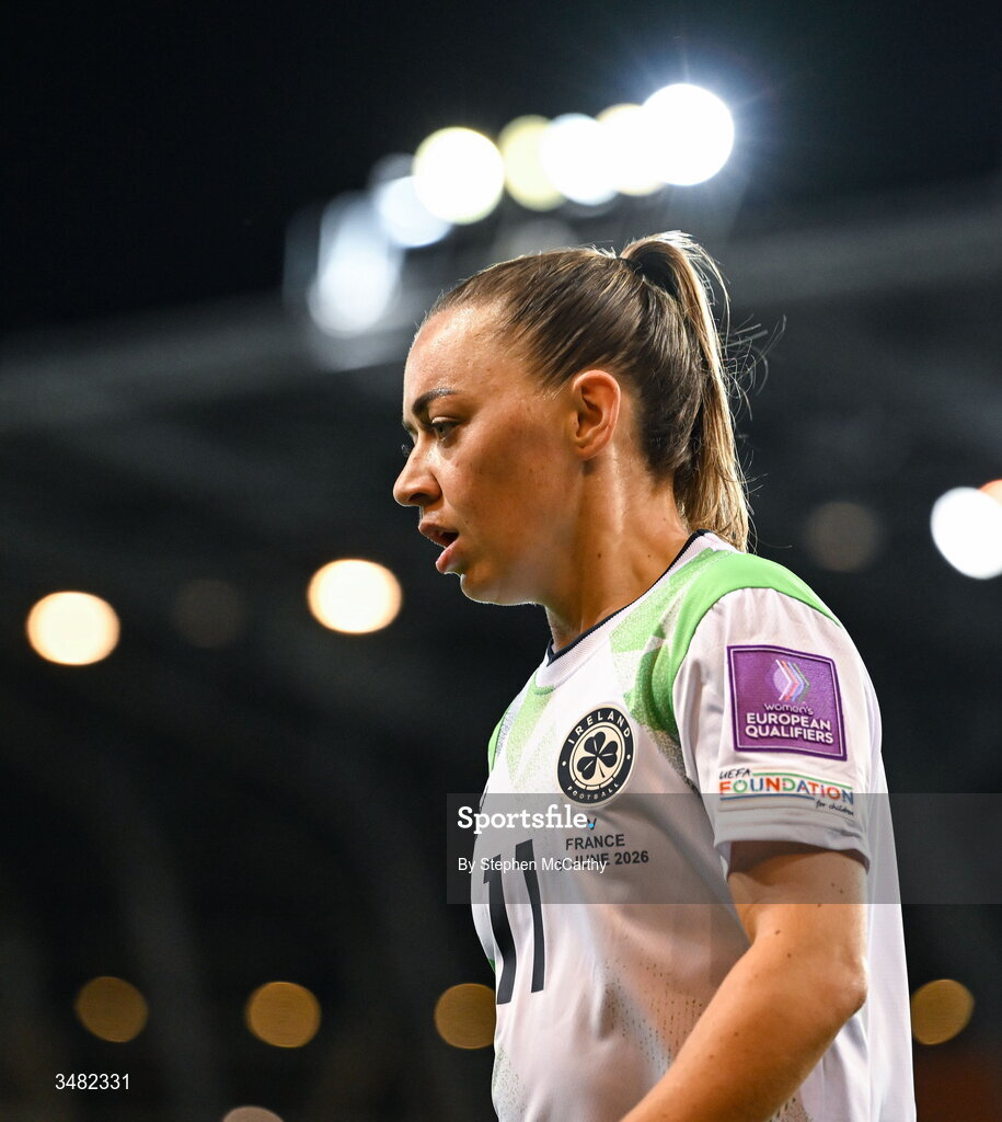 9 June 2026; Katie McCabe of Republic of Ireland during the 2027 FIFA Women’s World Cup Qualifier match between France and Republic of Ireland at Stade des Alpes in Grenoble, France. Photo by Stephen McCarthy/Sportsfile