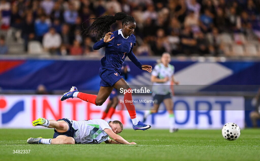 9 June 2026; Emily Murphy of Republic of Ireland is tackled by Thiniba Samoura of France resulting in a second yellow card, followed by a red card, during the 2027 FIFA Women’s World Cup Qualifier match between France and Republic of Ireland at Stade des Alpes in Grenoble, France. Photo by Stephen McCarthy/Sportsfile